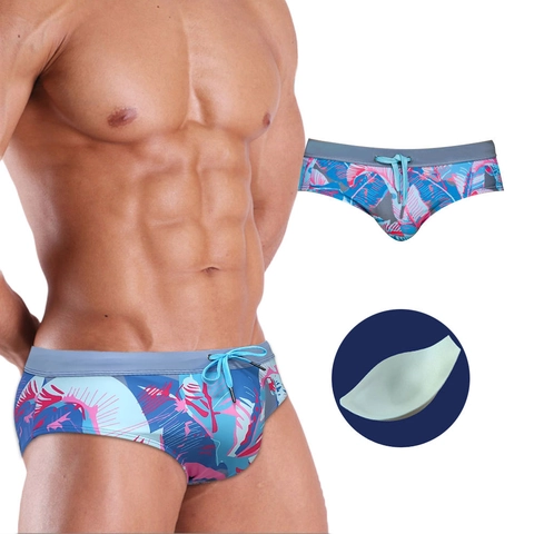 Herren Tropische Palmblatt Druck Schwimm Briefs Mit Verstellbarem Kordelzug Taille Und Herausnehmbaren Polstern Strandmode