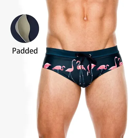 Men Sexy Flamingo Print Bikini Swimming Trunks With Removable Padding Low Waist Drawstring Quick Dry Nylon Bathing Suit