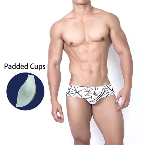 Herren Badehose Mit Tinten Bambusdruck Abnehmbarem Polster Chinesischer Stil Niedrige Taille Schnelltrocknende Badebekleidung