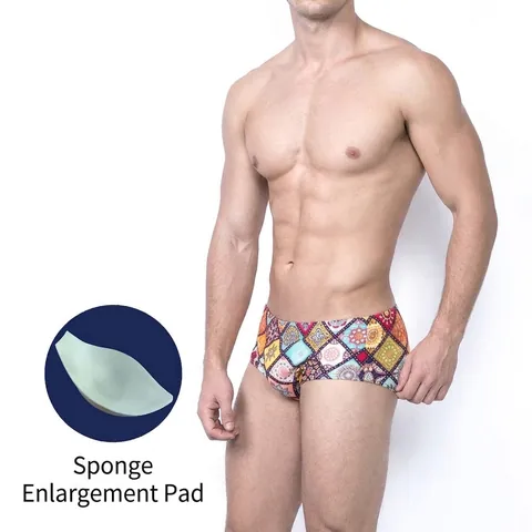 Costume da Bagno da Uomo con Stampa Etnica e Imbottitura in Spugna Rimovibile Vita Bassa Patchwork Mandala Geometrico Pantaloncini Asciugatura Rapida