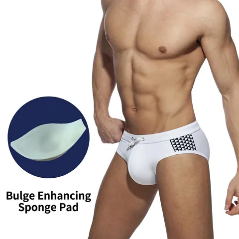 Men Swim Briefs Triangle Swimwear With Sponge Pad Nylon Spandex Low Waist Drawstring Geometric Print Beach Bathing Suit