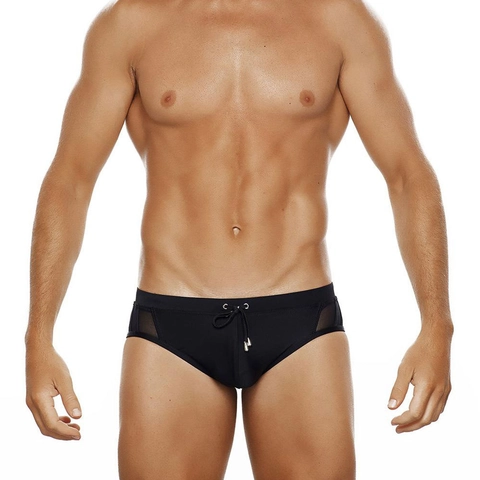 Slips de Bain Homme Taille Basse Noir Couture en Maille Rembourrage Push Up Sexy Respirant Cordon de Serrage Plage