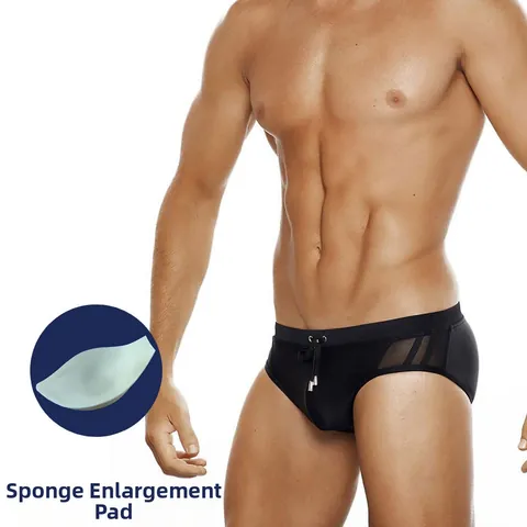 Slips de Bain Homme Taille Basse Noir Couture en Maille Rembourrage Push Up Sexy Respirant Cordon de Serrage Plage