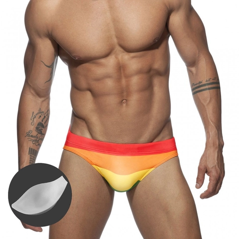 Men Sexy Rainbow Striped Swim Briefs Low Rise Quick Dry Bathing Suit With Removable Bulge Pouch Pad Pride Swimwear