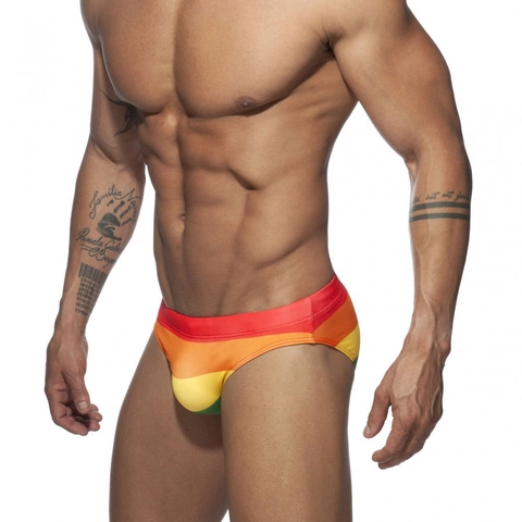 Men Sexy Rainbow Striped Swim Briefs Low Rise Quick Dry Bathing Suit With Removable Bulge Pouch Pad Pride Swimwear