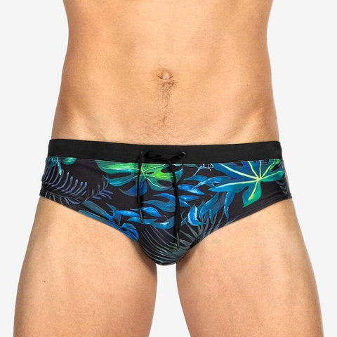 Men Tropical Leaf Print Swim Briefs With Cup Pouch Removable Pad Nylon Quick Dry Low Waist Bathing Suit Men Beachwear