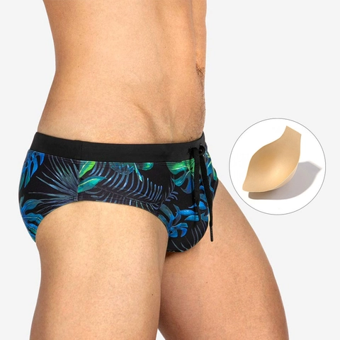 Men Tropical Leaf Print Swim Briefs With Cup Pouch Removable Pad Nylon Quick Dry Low Waist Bathing Suit Men Beachwear