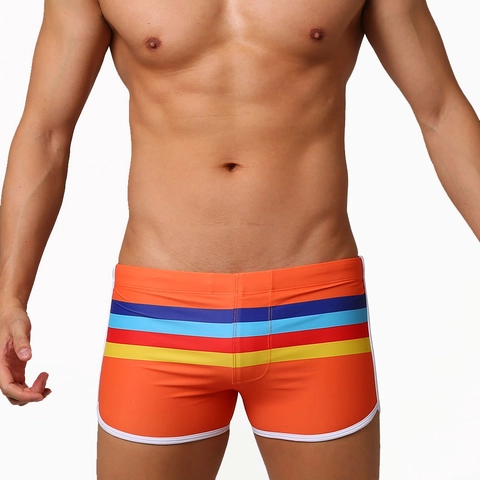 Men Quick Dry Swim Shorts Elastic Polyester Spandex Striped Beach Trunks Sporty Bathing Suit For Vacation Pool Swimwear