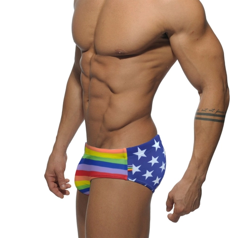 Herren Sexy Low Waist Badehose Regenbogen Gestreift Stern Patchwork Elastisch Nylon Elastan Bademode Für Strand Pool Party