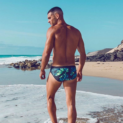 Herren Vintage Tropisches Blattmuster Badehose Hochelastisch Nylon Kordelzug Schwarz Schnelltrocknend Strand Urlaub Bademode