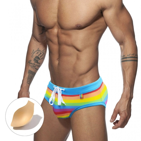 Herren Badehose Polyester Elasthan Regenbogen Gestreifte Briefs Mit Niedriger Taille Und Herausnehmbaren Polstern Für Strand Pool
