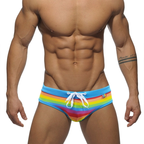 Men Sexy Rainbow Striped Swim Briefs Low Waist Quick Dry Elastic Bathing Suit For Beach Pool Party Swimming Trunks
