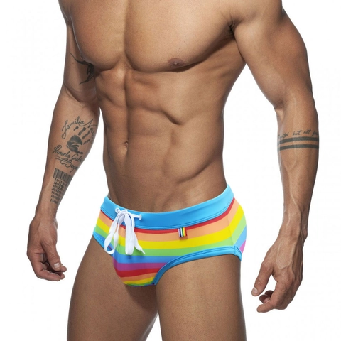 Men Sexy Rainbow Striped Swim Briefs Low Waist Quick Dry Elastic Bathing Suit For Beach Pool Party Swimming Trunks