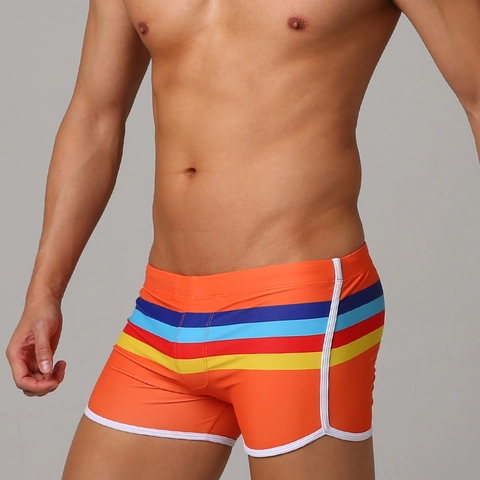 Men Quick Dry Swim Shorts Elastic Polyester Spandex Striped Beach Trunks Sporty Bathing Suit For Vacation Pool Swimwear