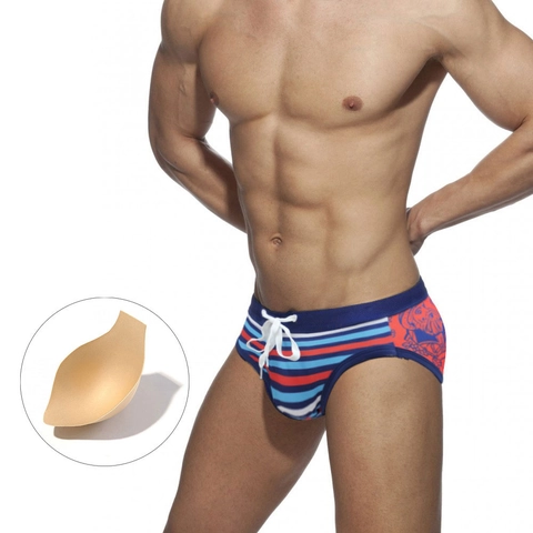 Men Striped Swim Briefs Quick Dry Low Waist Bikini Swimsuit With Removable Pads Drawstring Beach Bathing Suit For Men Vacation