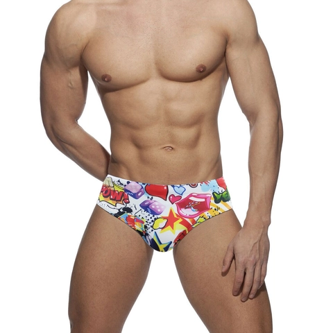 Men's Pop Art Graffiti Swim Briefs Quick Dry Nylon Spandex Sexy Low Waist Comic Print Bathing Suit For Beach Pool Party