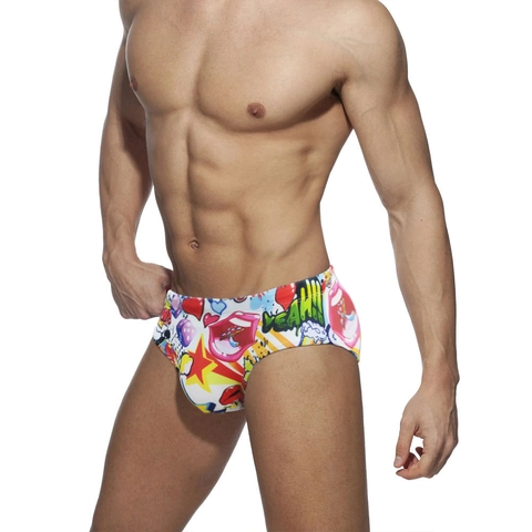 Men's Pop Art Graffiti Swim Briefs Quick Dry Nylon Spandex Sexy Low Waist Comic Print Bathing Suit For Beach Pool Party