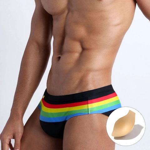 Herren Sexy Niedrige Taille Schwimm-Briefs Regenbogen Gestreift Bademode Mit Abnehmbarem Polster Schnelltrocknend Herren Badeanzug