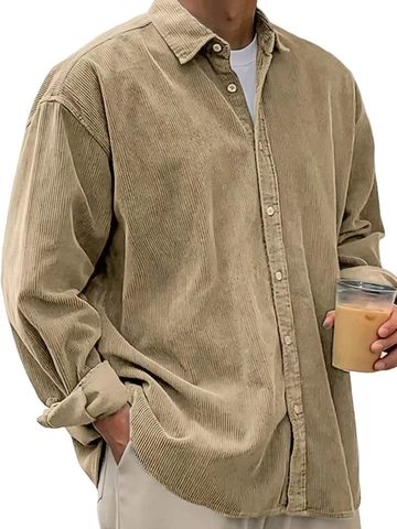 Men's Casual Corduroy Long Sleeve Shirt Loose Fit Solid Color Lapel Button Down Trendy Autumn Winter Thick Shirt Top