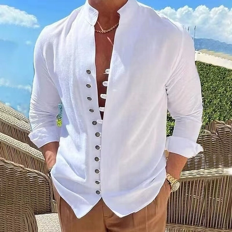 Camicia a Maniche Lunghe in Misto Cotone Vintage da Uomo Consistenza in Lino Casual Collo in Piedi Top Largo con Bottoni Multipli per Autunno Primavera