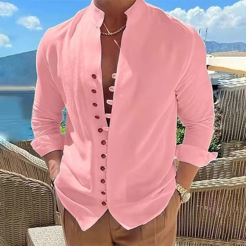 Camicia a Maniche Lunghe in Misto Cotone Vintage da Uomo Consistenza in Lino Casual Collo in Piedi Top Largo con Bottoni Multipli per Autunno Primavera