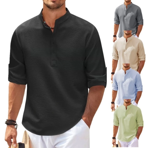 Men's Casual Long Sleeve Henley Shirt Stand Collar Waffle Knit Cotton Blend Top Solid Color Lightweight Fashion Apparel
