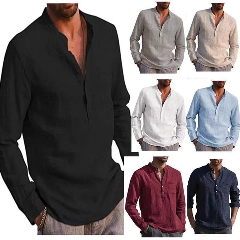 Men Linen Shirt Long Sleeve Henley V Neck Casual Beach Shirt Loose Top Solid Color Breathable Summer Top For Men