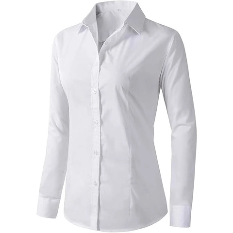 Women Elegant Polyester Long Sleeve Button Down Shirt Slim Fit Solid Color Formal Office Work Blouse Lapel Collar Top