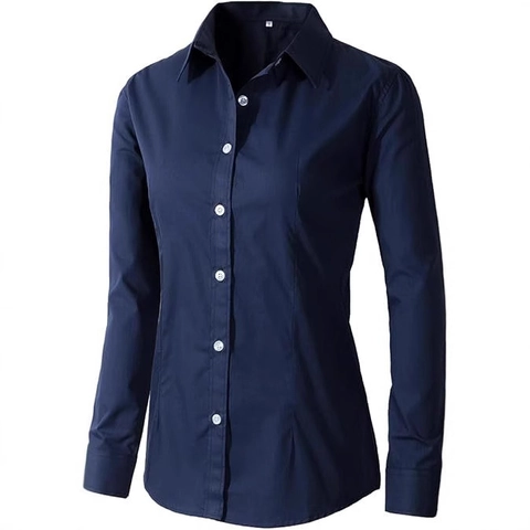 Women Elegant Polyester Long Sleeve Button Down Shirt Slim Fit Solid Color Formal Office Work Blouse Lapel Collar Top
