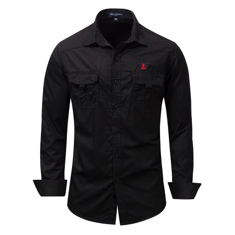 Heren Casual Workwear Overhemd Puur Katoen Lange Mouw Dubbele Zakken Reverskraag Europese Stijl Borduurwerk Overhemd Voor Heren