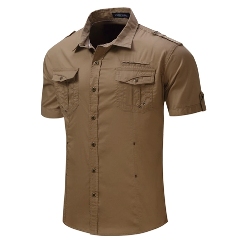 Men Military Style Short Sleeve Shirt Cotton Blend Cargo Work Shirt Double Pocket Epaulet Tactical Outdoor Regular Top
