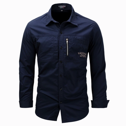 Men Cotton Long Sleeve Military Shirt Outdoor Tactical Work Shirt Turn-Down Collar Zip Pocket Embroidery Top