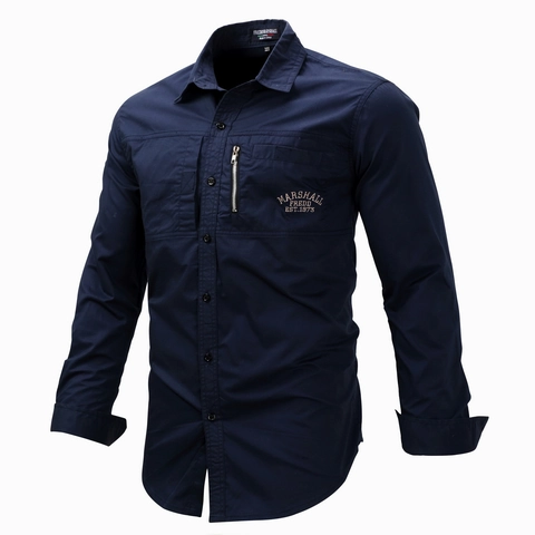 Men Cotton Long Sleeve Military Shirt Outdoor Tactical Work Shirt Turn-Down Collar Zip Pocket Embroidery Top