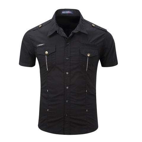 Men's Cotton Short Sleeve Cargo Shirt Military Workwear Style Double Pockets Epaulettes Button Down Casual Outdoor Tops