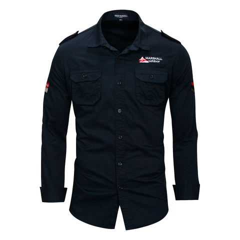 Herren Baumwolle Militärhemd Langarm Outdoor Casual Knopfhemd Mit Schulterklappen Und Taschen Reguläre Passform Taktisches Oberteil