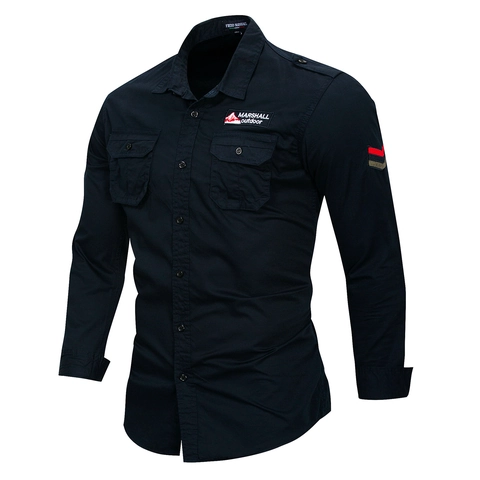 Herren Baumwolle Militärhemd Langarm Outdoor Casual Knopfhemd Mit Schulterklappen Und Taschen Reguläre Passform Taktisches Oberteil
