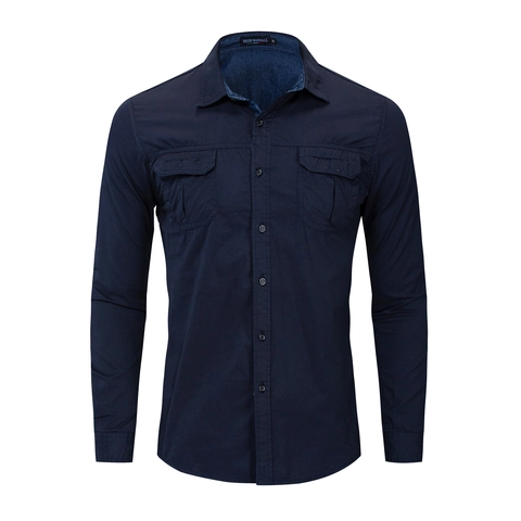Camisa de Hombre de 100 Por Ciento Algodón Military Cargo Manga Larga Cuello Vuelto Tops de Trabajo Con Botones Doble Bolsillos Casual