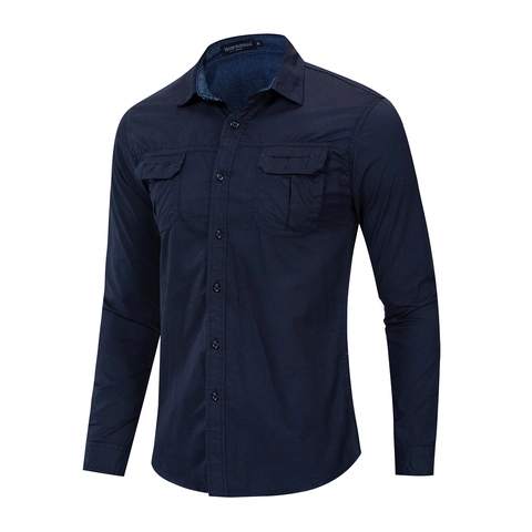 Camisa de Hombre de 100 Por Ciento Algodón Military Cargo Manga Larga Cuello Vuelto Tops de Trabajo Con Botones Doble Bolsillos Casual