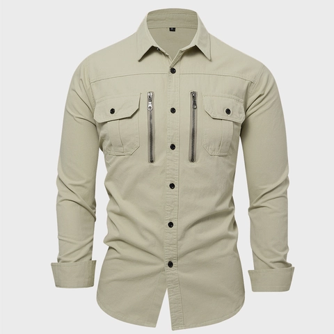Herren Cargo Hemd 100% Baumwolle Langarm Taktisches Arbeitshemd Mit Taschen Reißverschluss Casual Militär Stil Top Herren Bekleidung