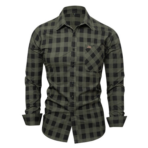 Fred Marshall Men Long Sleeve Plaid Work Shirt Cotton Button Down Fitted Casual Top Vintage Checked Flannel Shirt With Pocket For Daily Wear Men Clothing