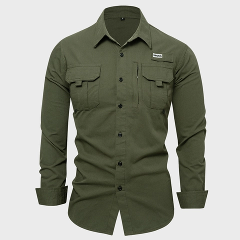 Men Cotton Long Sleeve Shirt Solid Color Multi Pocket Workwear Cargo Tactical Casual Button Down Tops US Size Outwear