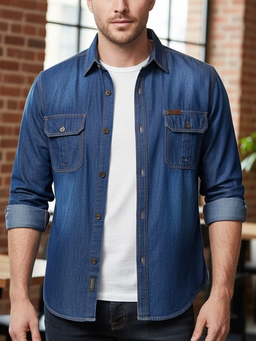 Herren Vintage Reiner Baumwolle Denim Hemd Langarm Button Down Workwear Casual Top Mit Brusttaschen Kontrastnähte