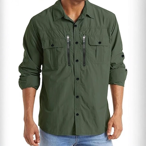 Herren 100% Baumwolle Taktisches Cargo Hemd Langarm Outdoor Arbeitshemd Top Multi Taschen Reißverschluss Knopfhemd