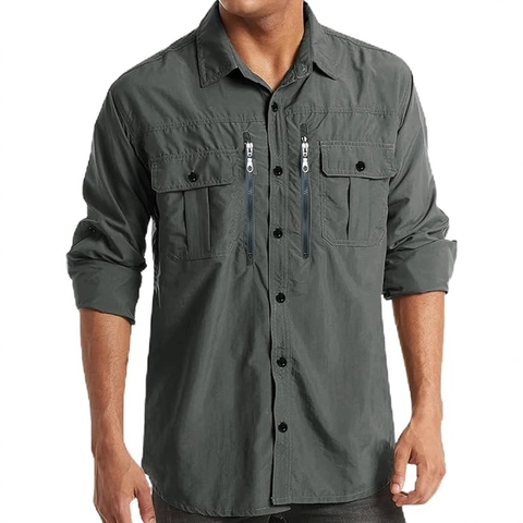 Herren 100% Baumwolle Taktisches Cargo Hemd Langarm Outdoor Arbeitshemd Top Multi Taschen Reißverschluss Knopfhemd