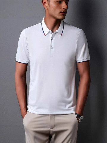 Polo de Manga Corta para Hombre de Poliéster de Punto Transpirable con Solapa de Rayas en Contraste Negocios Casual