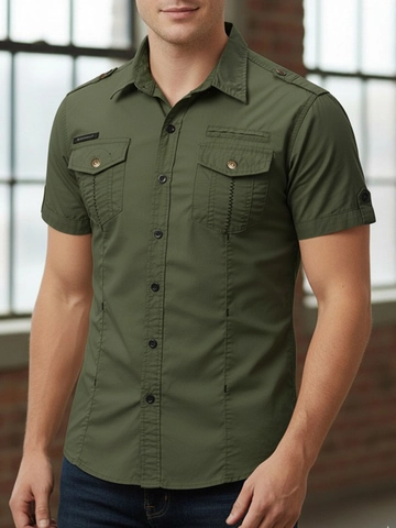 Herren 100% Baumwolle Kurzarm Militärstil Arbeitshemd Einfarbig Cargo Top Mit Schulterklappen Doppelten Brusttaschen