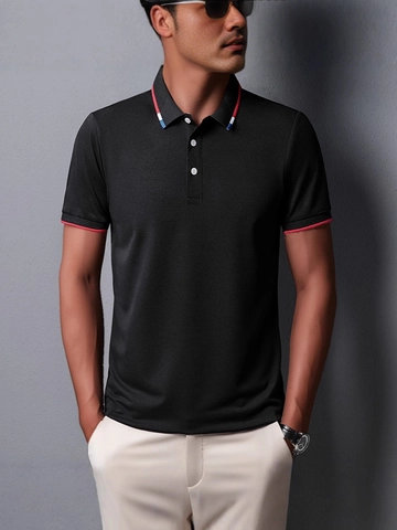 Polo de Manga Corta para Hombre de Poliéster de Punto Transpirable con Solapa de Rayas en Contraste Negocios Casual