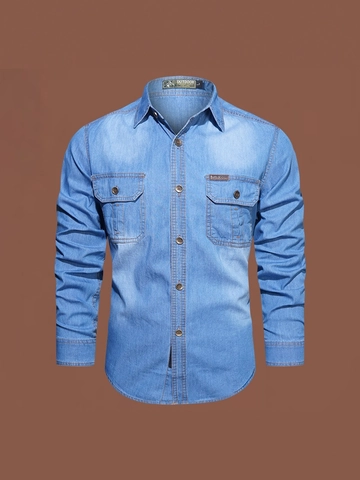 Men Casual Long Sleeve Denim Shirt Vintage Cotton Button Down Chest Pockets Lapel European Size Light Dark Blue Work Top