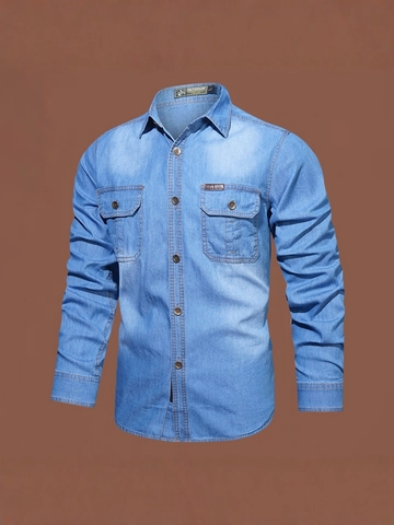 Men Casual Long Sleeve Denim Shirt Vintage Cotton Button Down Chest Pockets Lapel European Size Light Dark Blue Work Top