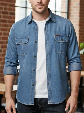 Herren Vintage Reiner Baumwolle Denim Hemd Langarm Button Down Workwear Casual Top Mit Brusttaschen Kontrastnähte